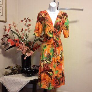 NWOT Kapalua Women’s Multi Color Printed Short Sleeve V Neck Midi Dress Size 10